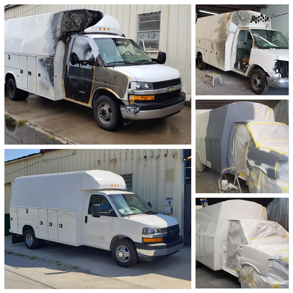 Fire-damaged utility truck before and after
