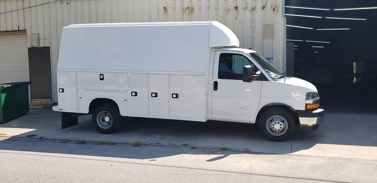 The same Chevy Express utility truck after repair